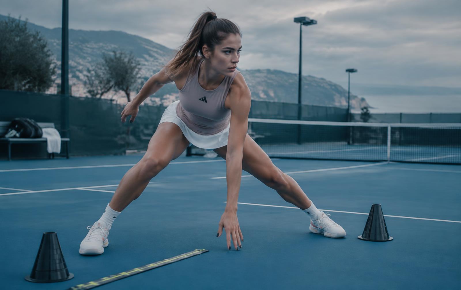 Tennis player performing a lateral movement test on court during an assessment