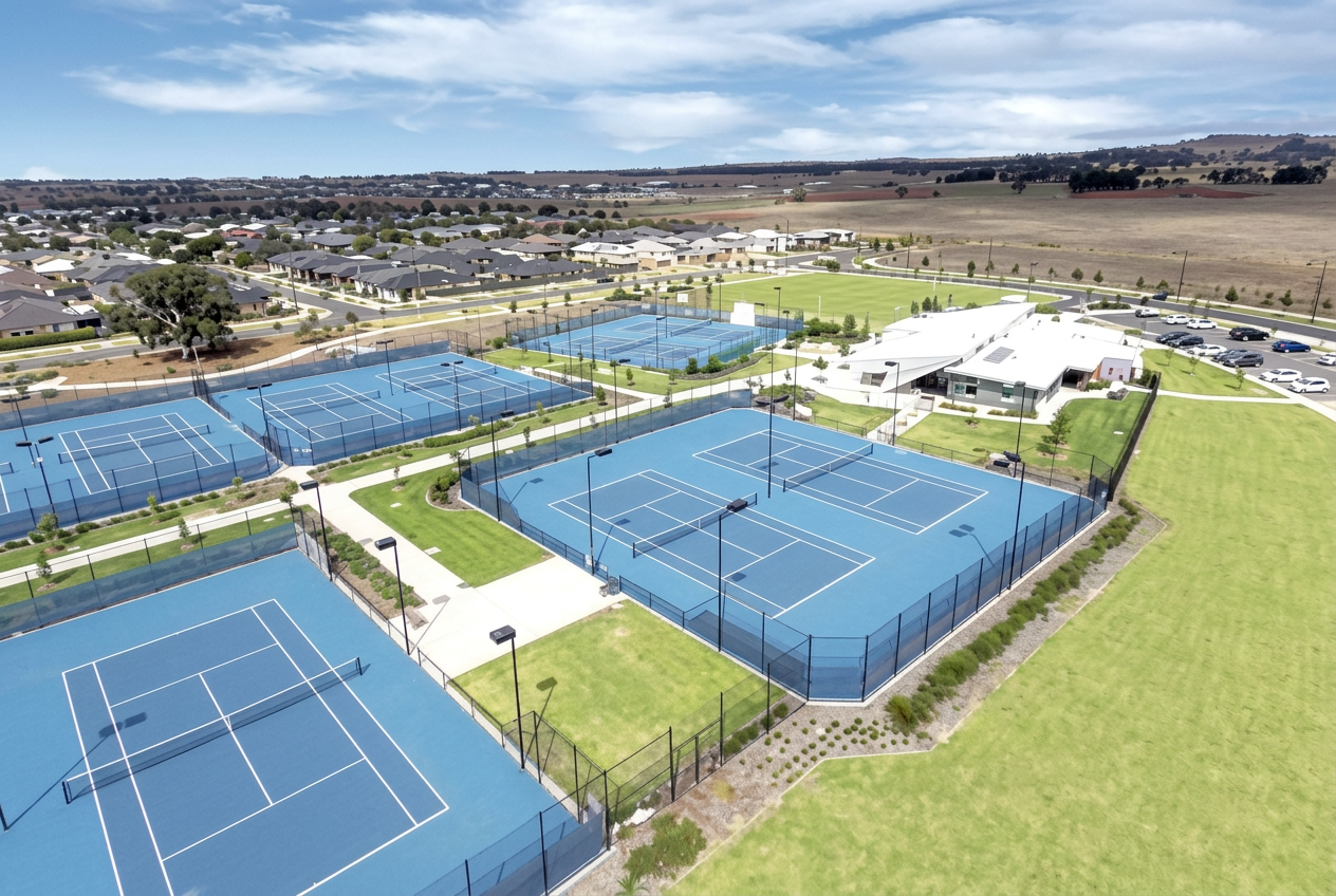 Aerial view of the blue Plexicushion courts at Hume Tennis & Community Centre