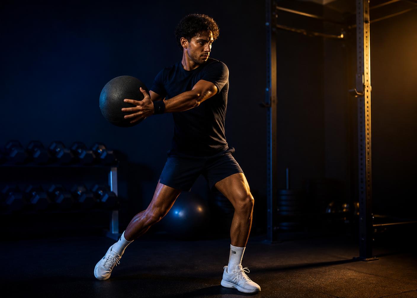 Tennis athlete performing a rotational medicine ball throw