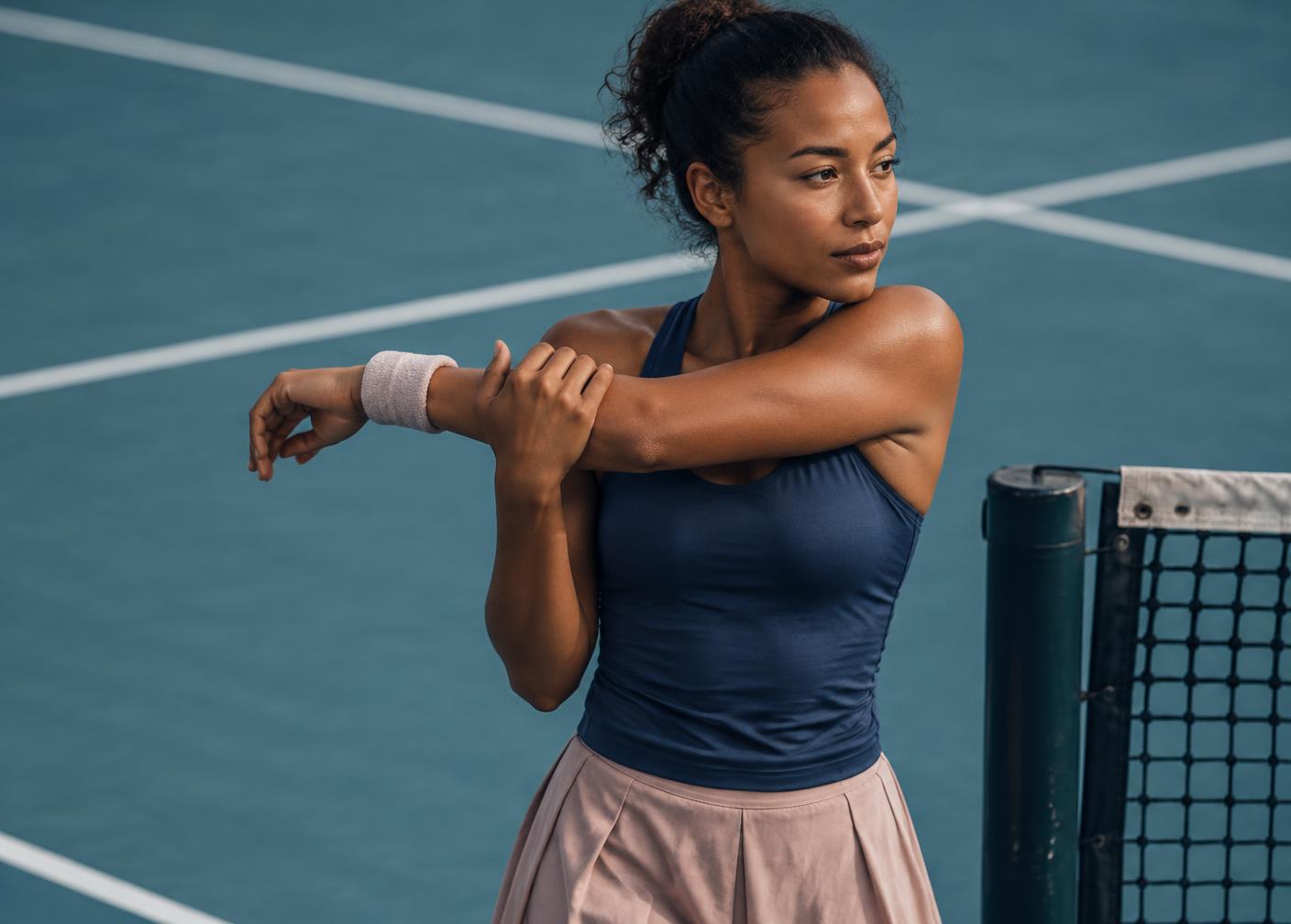 Tennis player performing a cross-body shoulder stretch beside the net